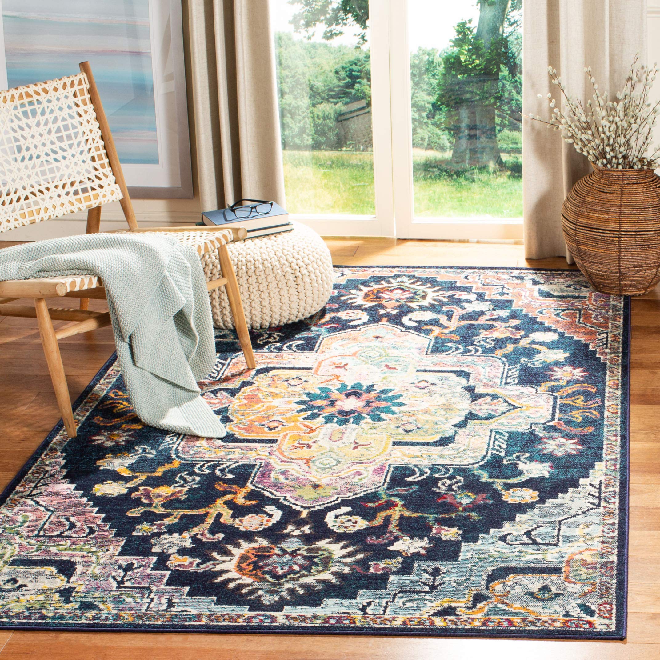 Safavieh Boho Indoor Woven Rectangle Area Rug, Crystal Collection, CRS501, in Navy / Fuchsia, 91 X 152 cm for Living Room, Bedroom or Any Indoor Space