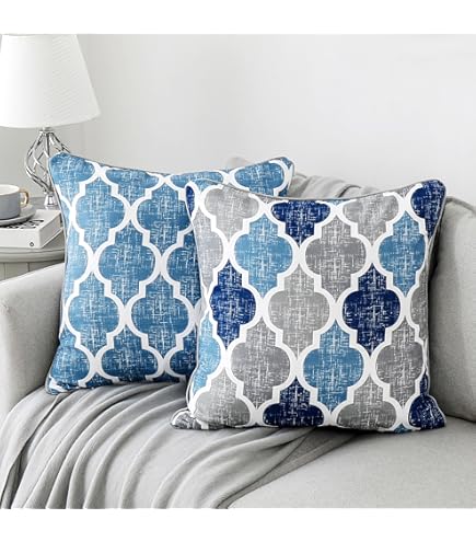 CaliTime Throw Pillow Covers Pack Of 2 - Cozy Fleece Gradient Geometric Trellis Pattern Covers For Sofa & Bed (18x18 Inches, Smoke Blue Grey) - View #9
