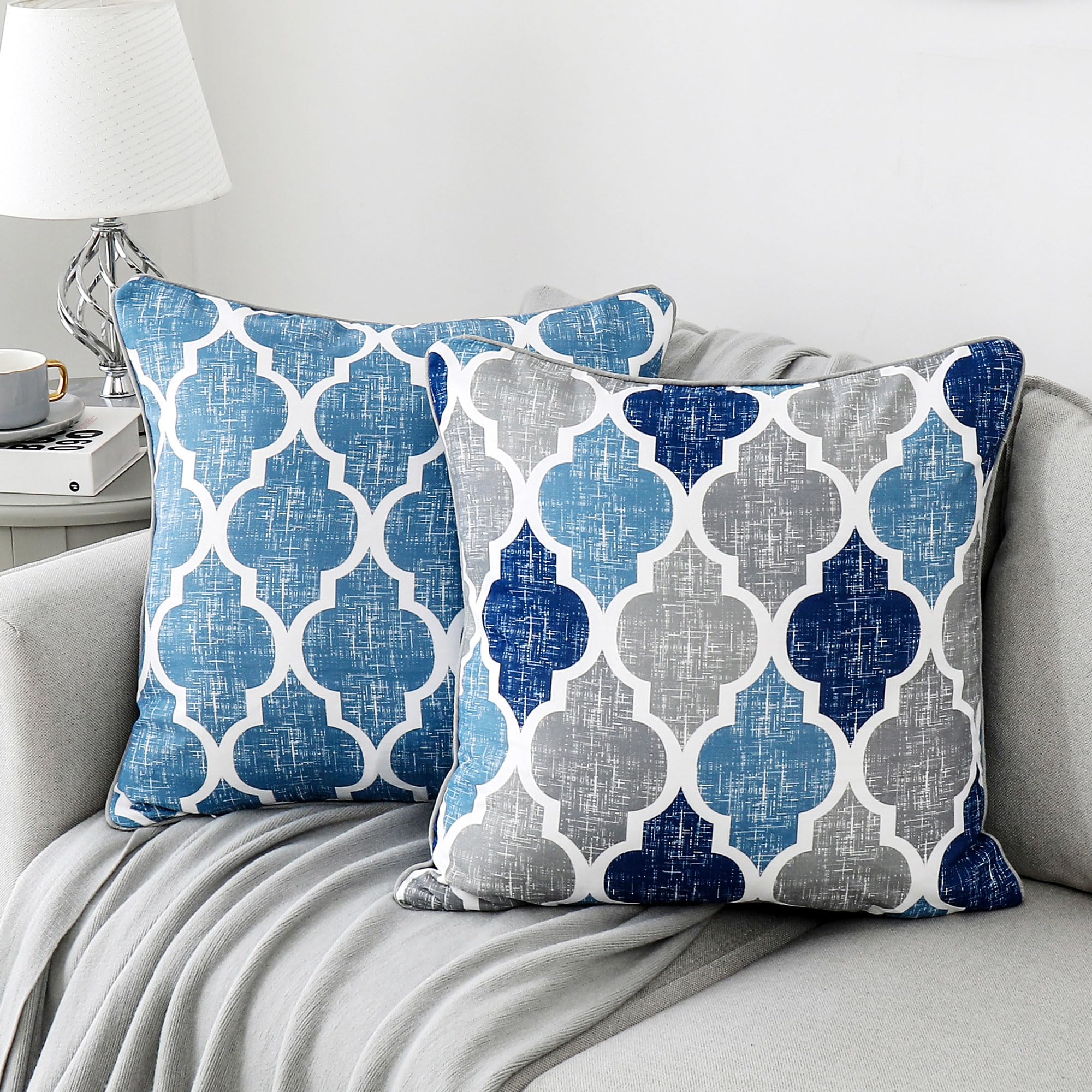 Photo 1 of *COVERS ONLY* Beauoop Throw Pillowcover Soft Chenille Print Moroccan Geometric 2-Sided Pattern Blue and Gray Decorative Velvet Square Cushion Covers Standard Pillowcase Couch Sofa Bed Men/Women 18x18 Inch, Set of 2