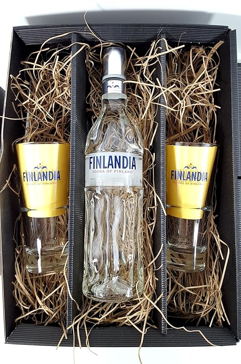 Finlandia Set / Geschenkset – Finlandia Vodka of Finland 1L (40% Vol) + 2x Gläser 2/4cl geeicht