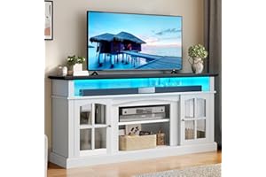 YITAHOME LED Farmhouse TV Stand for TV up to 75 Inch w/Outlets, Highboy Media Entertainment Center Console Table Adjustable Storage Shelves &Cabinet Glass Door for 360lbs for Living Room, White