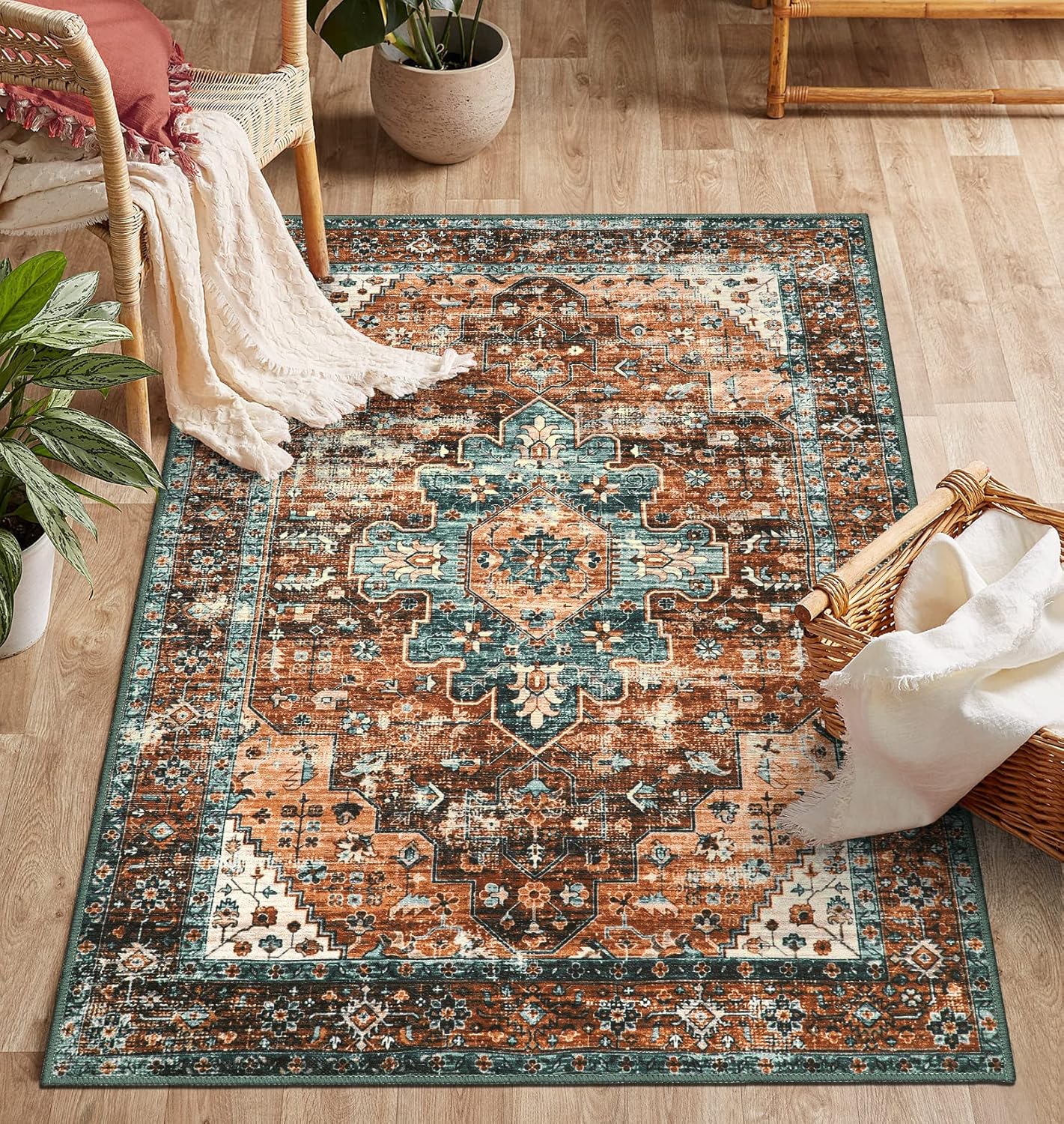 Rugs, Pads & Protectors - Moynesa Ultra-Thin Washable Vintage Area Rug - 3x5 Boho Non-Slip Entryway Rug Oriental Medallion Living Room Rug Entrance Mat Carpet for Kitchen Laundry Bathroom Bedroom, Brick Red/Dull Teal