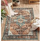 Moynesa Ultra-Thin Washable Vintage Area Rug - 3x5 Boho Non-Slip Entryway Rug Oriental Medallion Living Room Rug Entrance Mat Carpet for Kitchen Laundry Bathroom Bedroom, Brick Red/Dull Teal