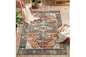 Moynesa Ultra-Thin Washable Vintage Area Rug - 3x5 Boho Non-Slip Entryway Rug Oriental Medallion Living Room Rug Entrance Mat Carpet for Kitchen Laundry Bathroom Bedroom, Brick Red/Dull Teal