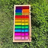 KOAICS 27PCS Rainbow Crystal Acrylic Blocks with Tray, 7 Colors Stacking Gem Blocks for Kids, 3 Shapes Cylinder, Cube, Cuboid Educational Sensory Light Learning Toys(Mixed Shape Acrylic Blocks)