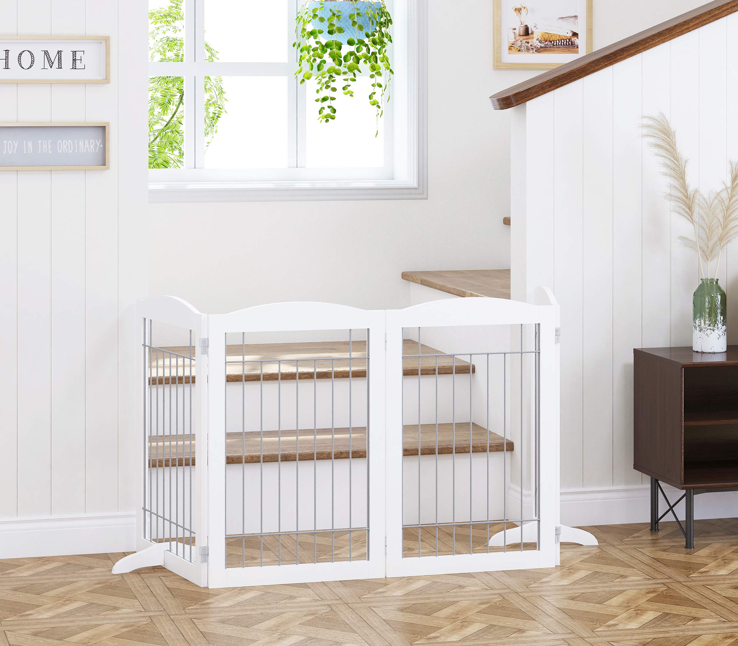 Spirich Extra Wide and Tall Dog gate for The House, Doorway, Stairs, Freestanding Foldable Wire Pet Gate for Dogs, 80-inch Wide,30 inches Tall, 4 Panels, White (4 Pannels)