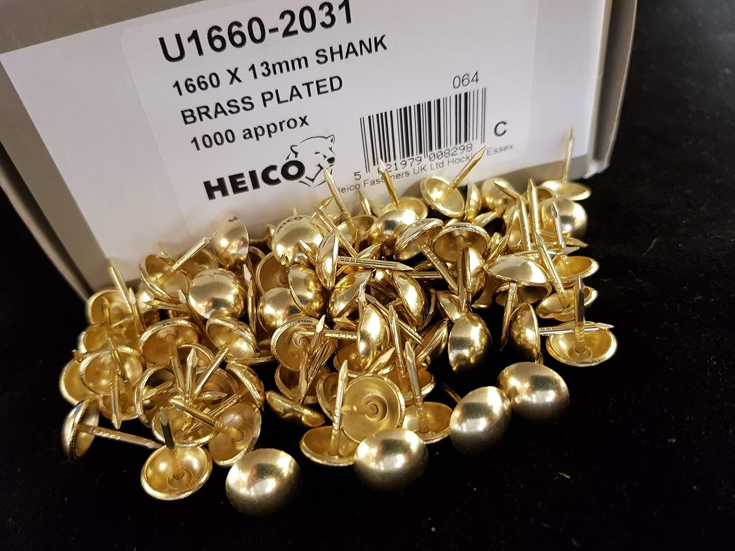 1000 brass plated upholstery nails GENUINE HEICO IN BRANDED BOX 1 cm diameter decorative furniture studs - Image 5