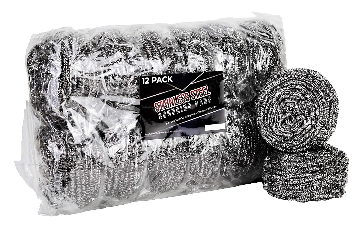 Brheez Stainless Steel 3" Scouring Pads - Heavy Duty Commercial Individually Wrapped Scrubbing Wool Sponges (Pack of 12)