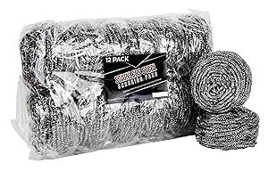 Brheez Stainless Steel 3" Scouring Pads - Heavy Duty Commercial Individually Wrapped Scrubbing Wool Sponges (Pack of 12)