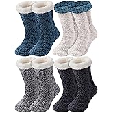 Foaincore 4 Pcs Fuzzy Slipper Socks with Gripper Non-slip Sherpa Sock for Men Women Thick Plush Warm Winter