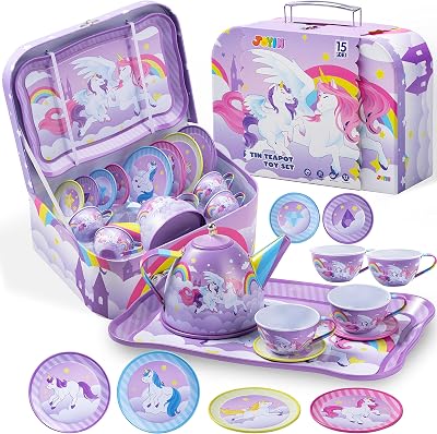 JOYIN Purple Unicorn Tea Set for Toddlers—Tin Teapot with Cups Plates Carry Case