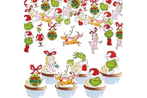 ZHUOWEISM 63 PCS Edible Merry Christmas Cupcake Toppers Paper Green Monster Santa Hat Cupcake Picks Edible Christmas Dog Girl Party Cake Decorations for Xmas Theme Baby Shower Girls Birthday Party Supplies