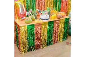 LOLStar Hawaiian Luau Party Decorations 2Pack Green Brown and Yellow Wavy Metallic Tinsel Foil Fringe Table Skirt for Rectangle and Round Table,Perfect Decor for Summer Beach Party Tropical Themed