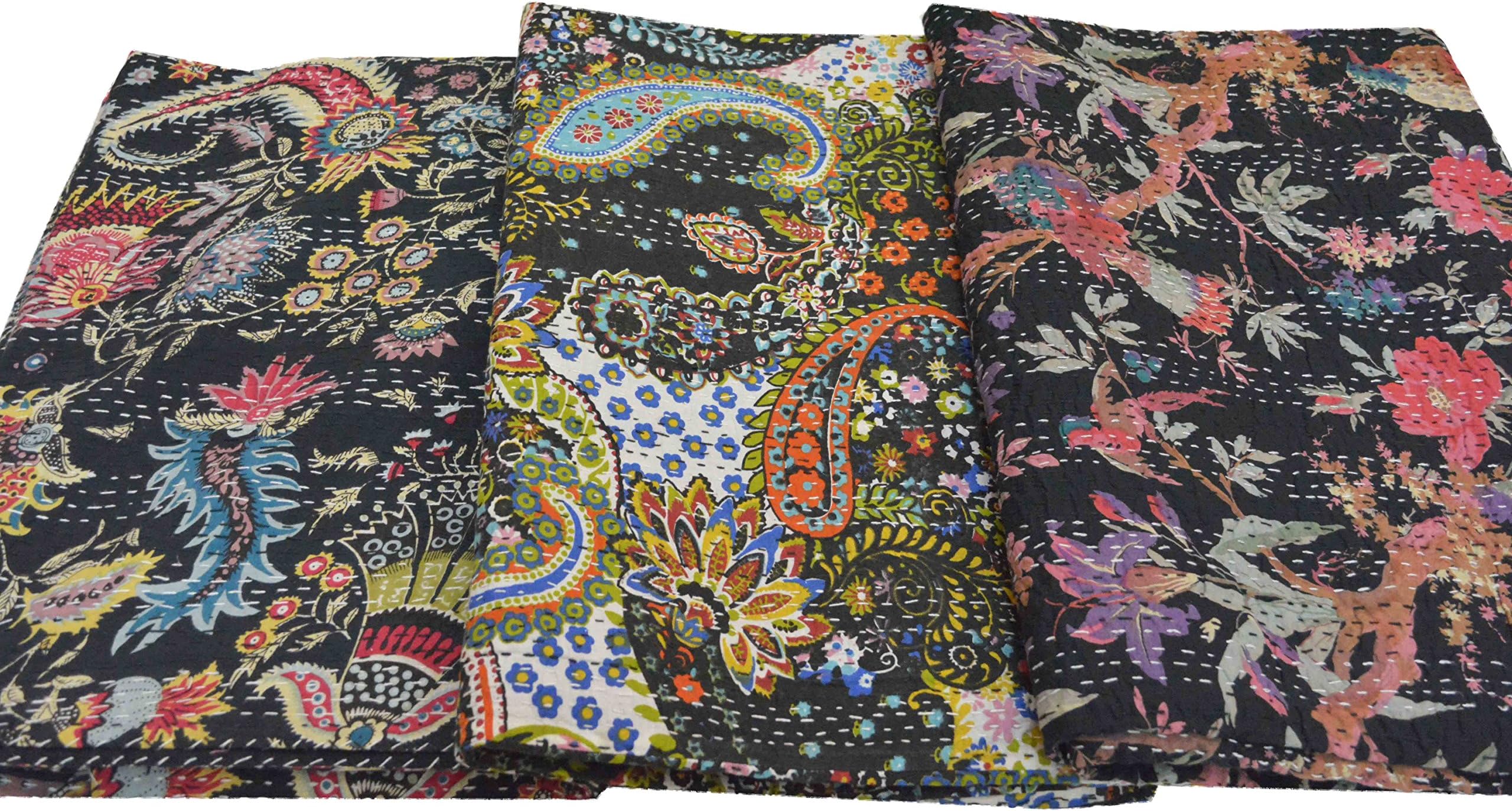 Sophia-Art Twin/Queen Multicolor Handmade Mukut Print Kantha Quilt Kantha Blanket Bed Cover King Kantha Bedspread Bohemian Bedding (Lot 1, 90" 108")