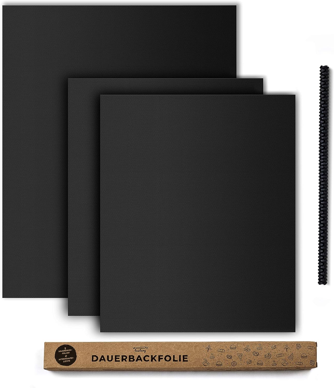 tastory® - Schwarze hochwertige Dauerbackfolie für Backofen (3er Set) 40x33cm & XXL 50x40cm & Hitzeschutzleiste - Backpapier wiederverwendbar, Backmatte spülmaschinenfest, Backfolie zuschneidbar