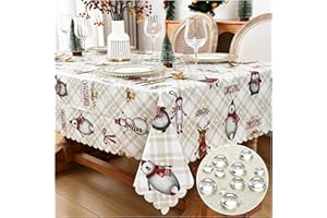 Red Plaid Santa and Snowman Christmas Tablecloth - Rectangle Waterproof Vinyl and Polyester Table Cloth, Santa Reindeer Print