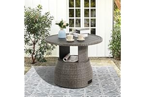 SUNSITT Outdoor Patio Lift Coffee Table, Round Patio Side Table with Aluminum Tabletop, 33in Wicker Furniture Multi-Function Storage Dining Table, Grey