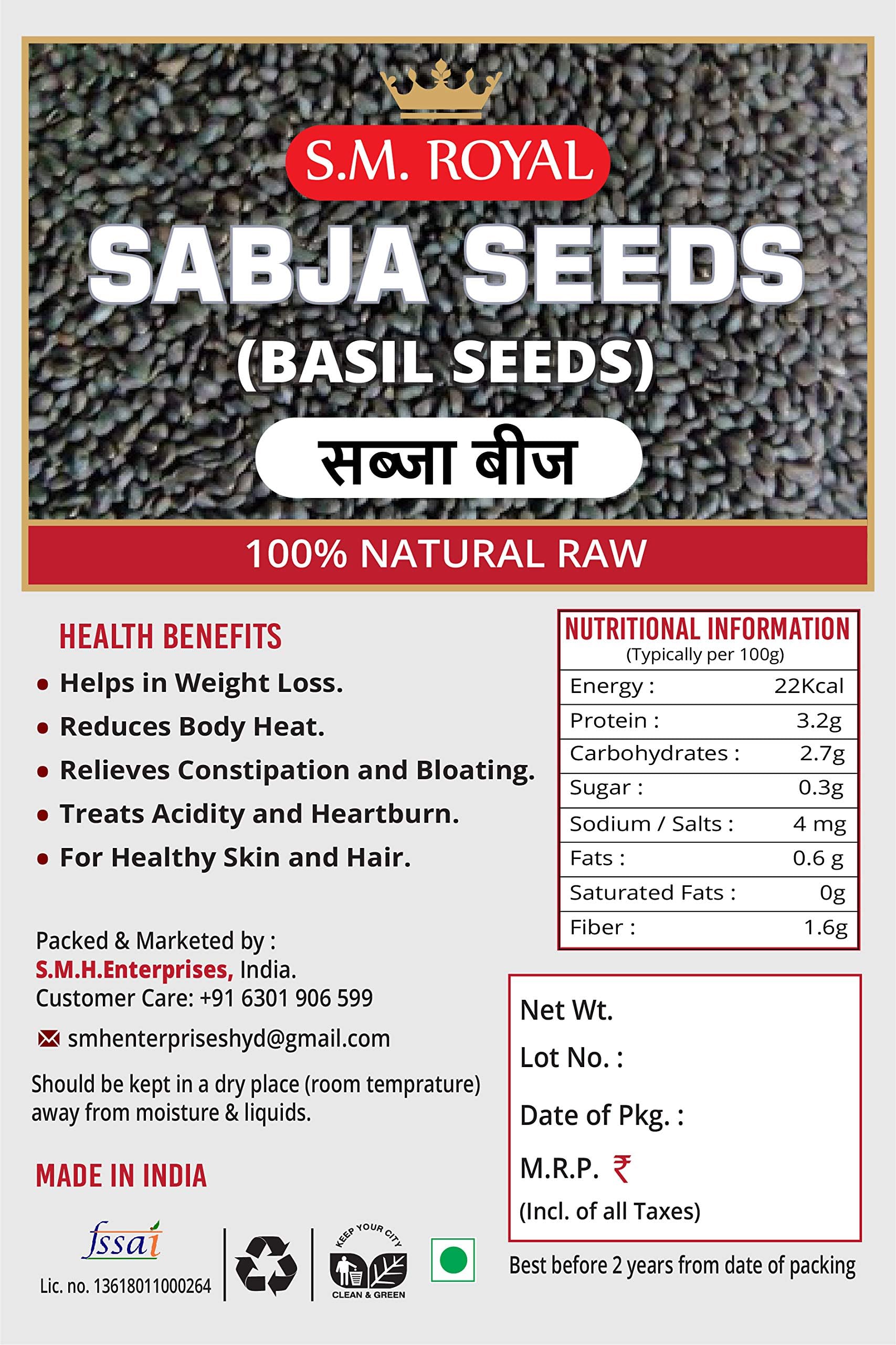 SM Royal Sabja Seeds Basil Seeds Tukmariya 150 Gram