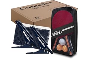 Comesee Ping Pong Net with Collapsible Clamps and Paddles Set, Table Tennis Rackets and Balls, Spring Activated Clip Posts and Storage Case