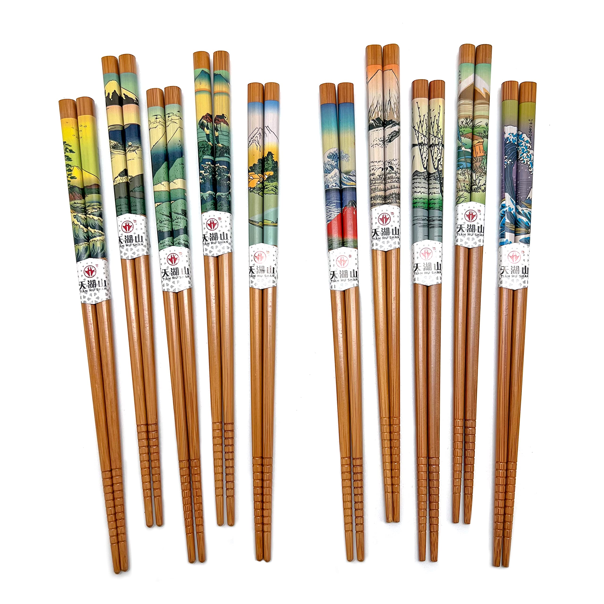 Photo 1 of 10 Pairs Reusable Bamboo Chopsticks, Edo period Landscape Pattern Natural Bamboo Wood Chopsticks, 8.8Inch/22.5cm Polybag packing by LANHUTHS
