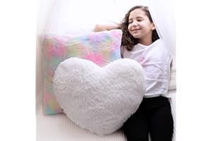 PERFECTTO DESIGN PERFECTTO Set of 2 Decorative Throw Pillows for Girls. White Fluffy Heart and Soft Rainbow Pillow. Plush Pillows for Kid’s Bedroom Décor Toddlers Princess Room, Fun and Cozy for Teepee Tent