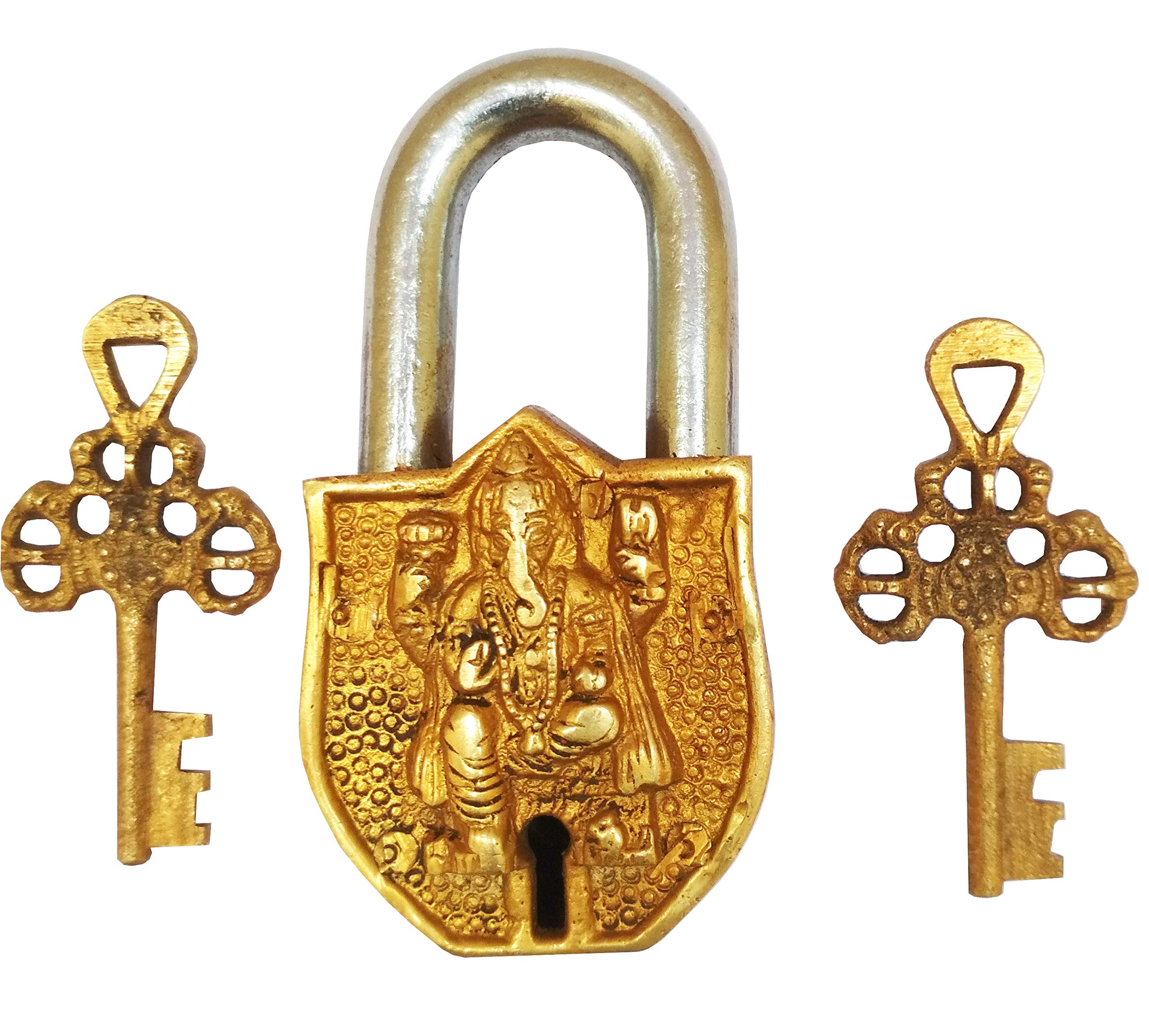 Purpledip Vintage Brass Padlock/Lock with Lord Ganesha (Hindu God Ganapati, Ganapathi or Vinayaka) Sculpted in Brass Metal - Small (10328)