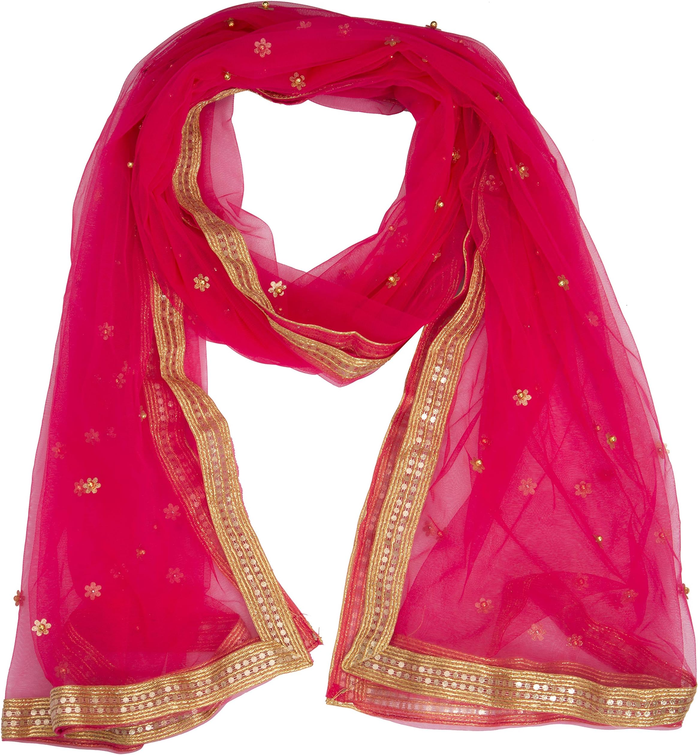 WHITEHEAVENSequence Star Moti Naylon Net Dupatta for Womens & Girls With 4 Side Gold Lace
