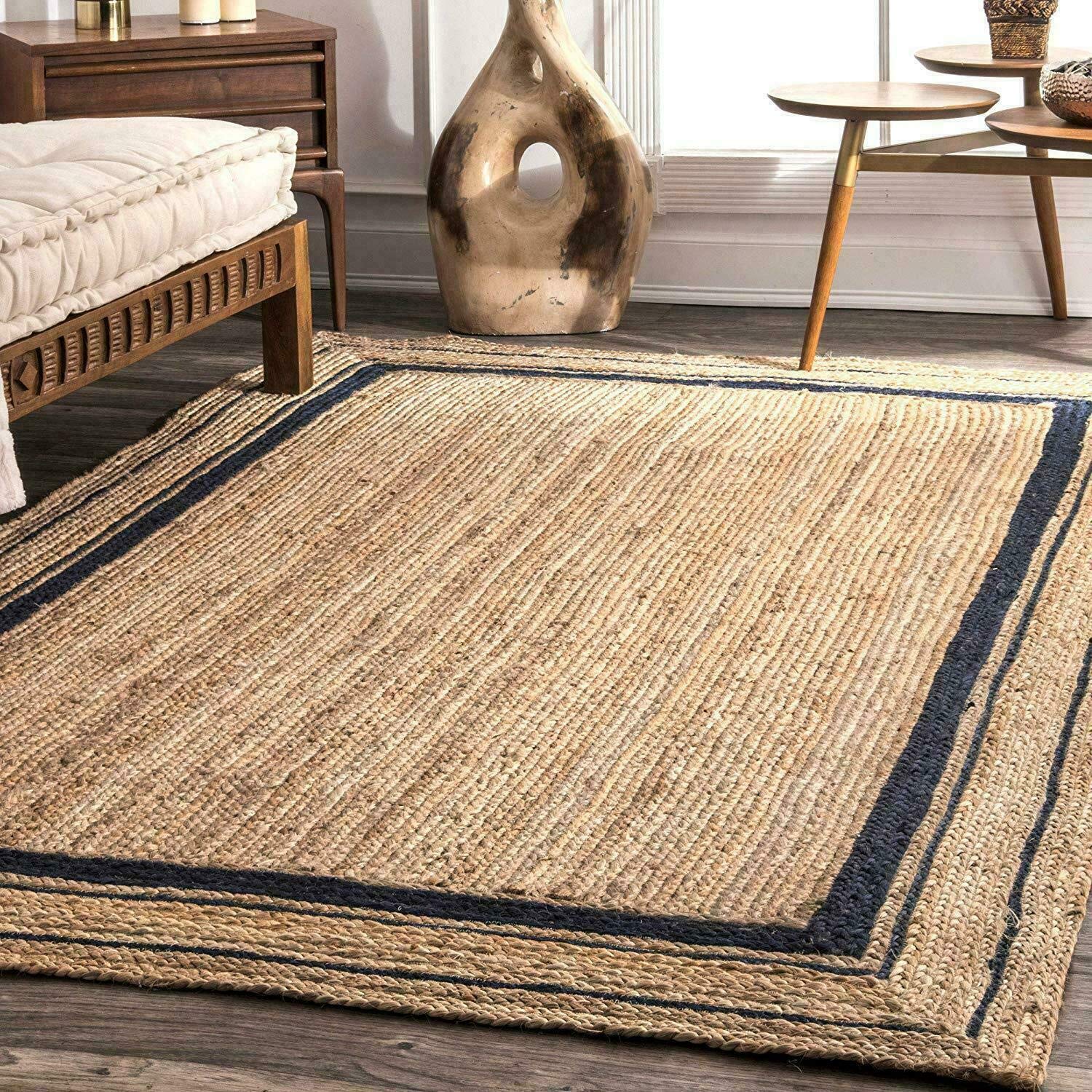 Ripaz Vogue -Hand Braided Jute Rug Natural with Black Line Rectangle Area Handmade Rug for Home Decor (60 x 180 cm (2 x 6 ft))