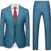 MOGU Mens 3-Piece Slim Fit Plaid Suit - Blazer, Vest, and Pants Set for Wedding, Prom, and Business