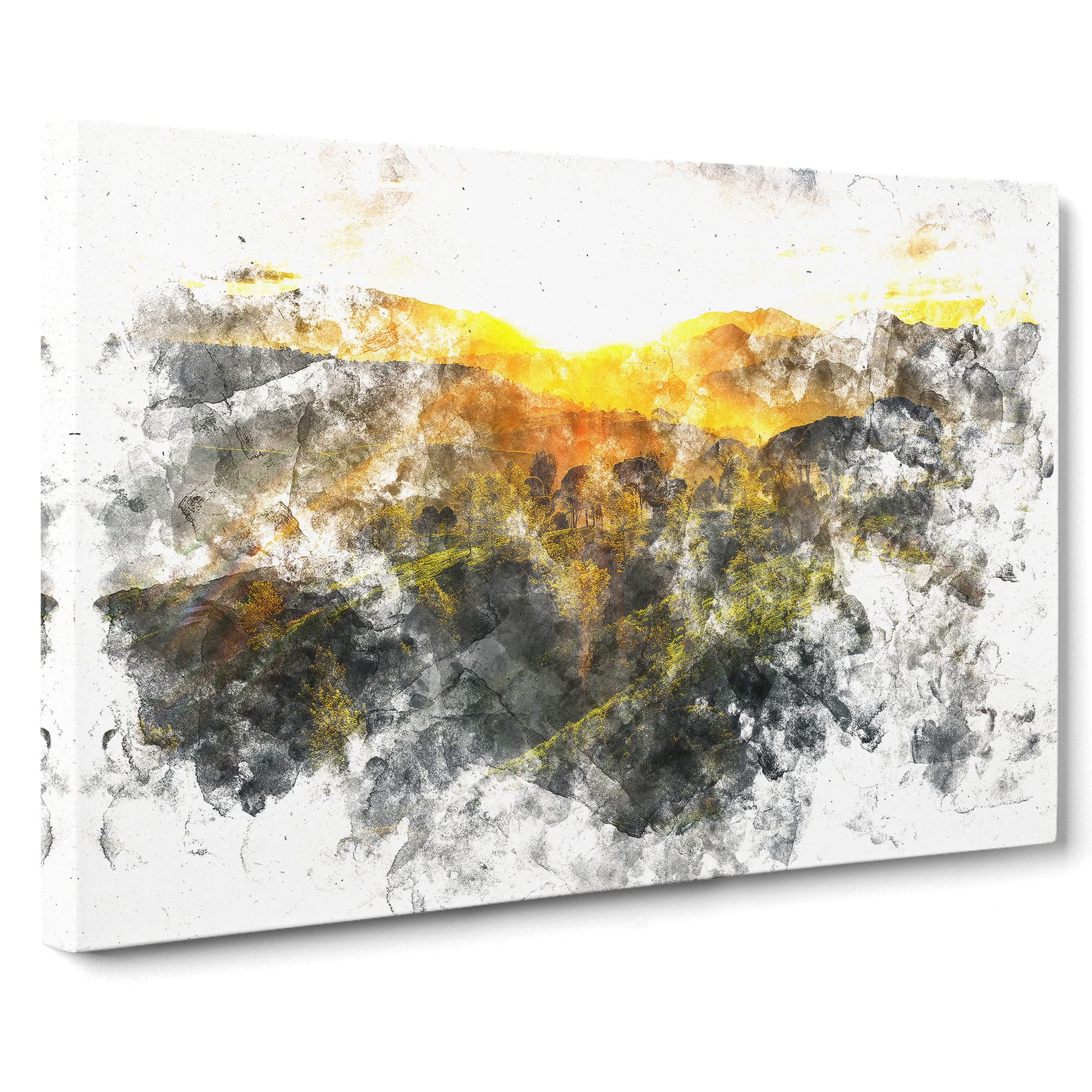 Sunlight Over The Countryside Watercolour Canvas Print | Gallery Wrapped 30mm Frame Wall Art | 20x14 inches | Ready to Hang | Modern Landscape Picture | Living Room Bedroom Lounge Office