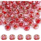 WEWAYSMILE 60 PCS Colorful Floral Lampwork Beads 10mm Gold Sand Faceted Glass Round Loose Beads for DIY Bracelet Necklace Earring Jewelry Making Supplies (Red)