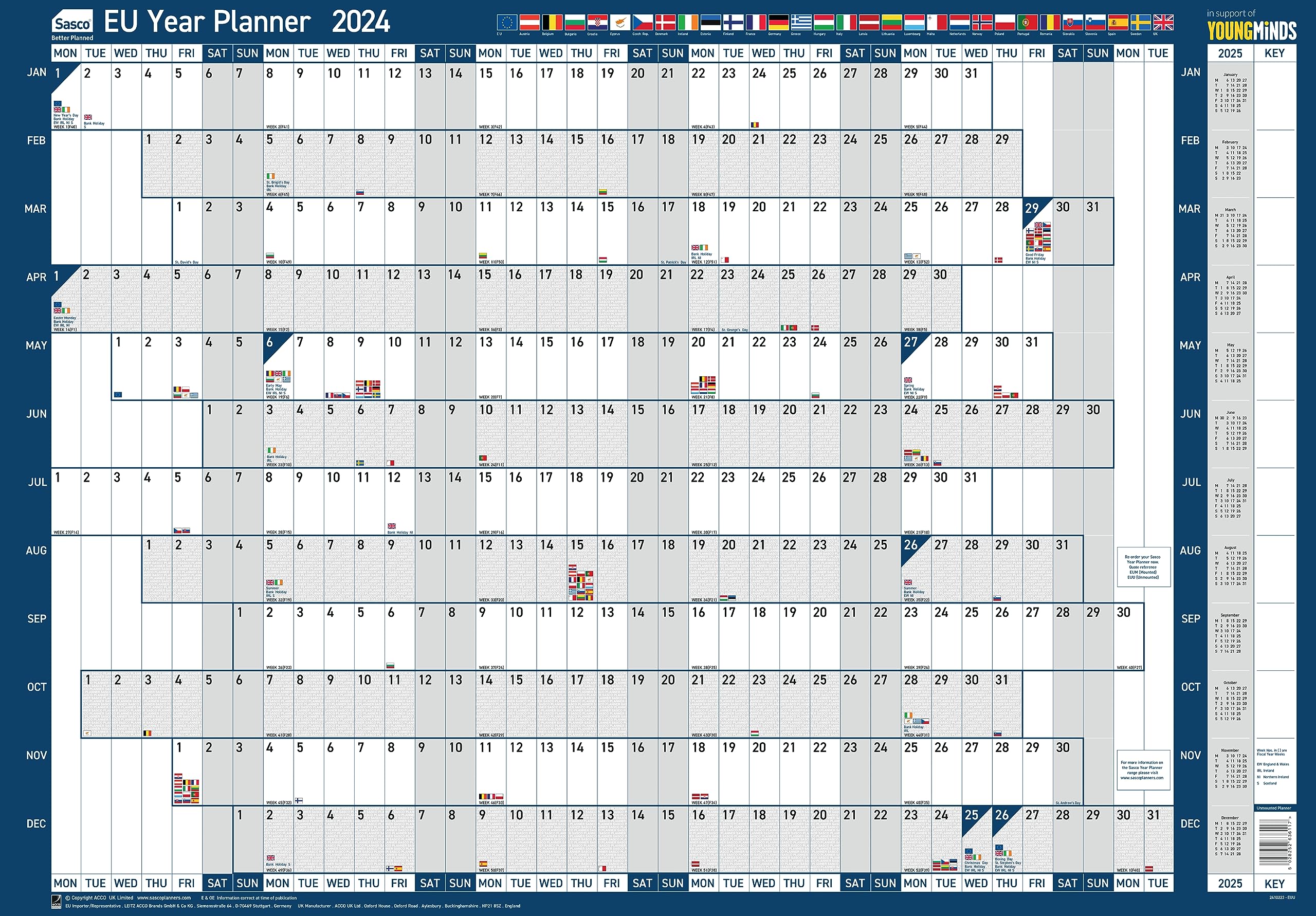 Sasco 2024 EU Yearly Wall Planner Set, Paper Whiteboard Style Dry Erase Calendar, Large Wall Planner with Dry Erase Pen & Stickers, Wall Chart & Office Notice Board, Poster Style, Blue, 915 x 610mm