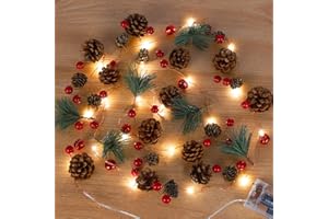 JOHUNT Christmas Garland with Lights,6.7FT/2m 20 LED Pinecone String Lights Battery Operated,Red Berry Bells Garland Lights for Mantle Fireplace Indoor Outdoor Xmas Decor (1Pack)
