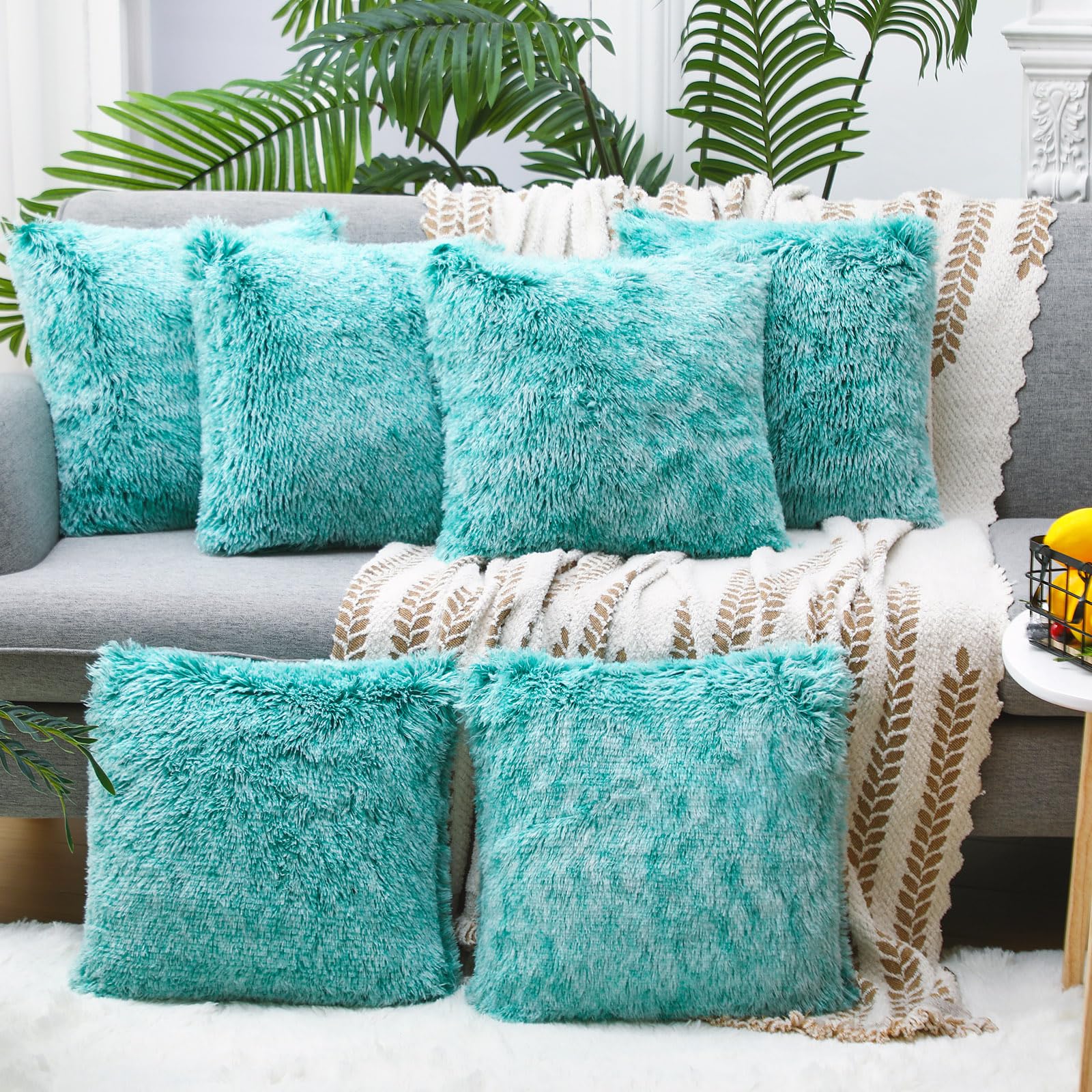 Photo 1 of VitalCozy 6 Pcs Faux Fur Throw Pillow Covers Fluffy Couch Cushion 18 x 18 in Square Pillow Luxury Decorative Soft Pillowcase Zipper Closure for Sofa Couch Sleepover Party Bedroom Living Room (Teal)