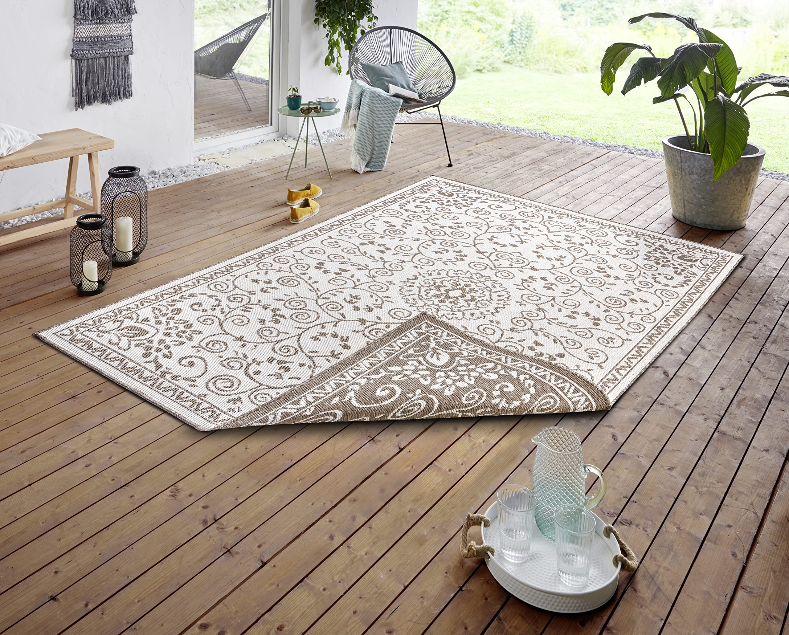 NORTHRUGS Leyte Indoor and Outdoor Rug 80 x 150 cm - Reversible Rug Weatherproof Oriental Vintage Design Runner for Balcony Patio Garden Conservatory Living Room Rug Waterproof in Linen