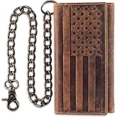F&L CLASSIC RFID Blocking Mens Tri-fold Long Style Cowhide Leather Steel Chain Wallet,brown flag,212-100