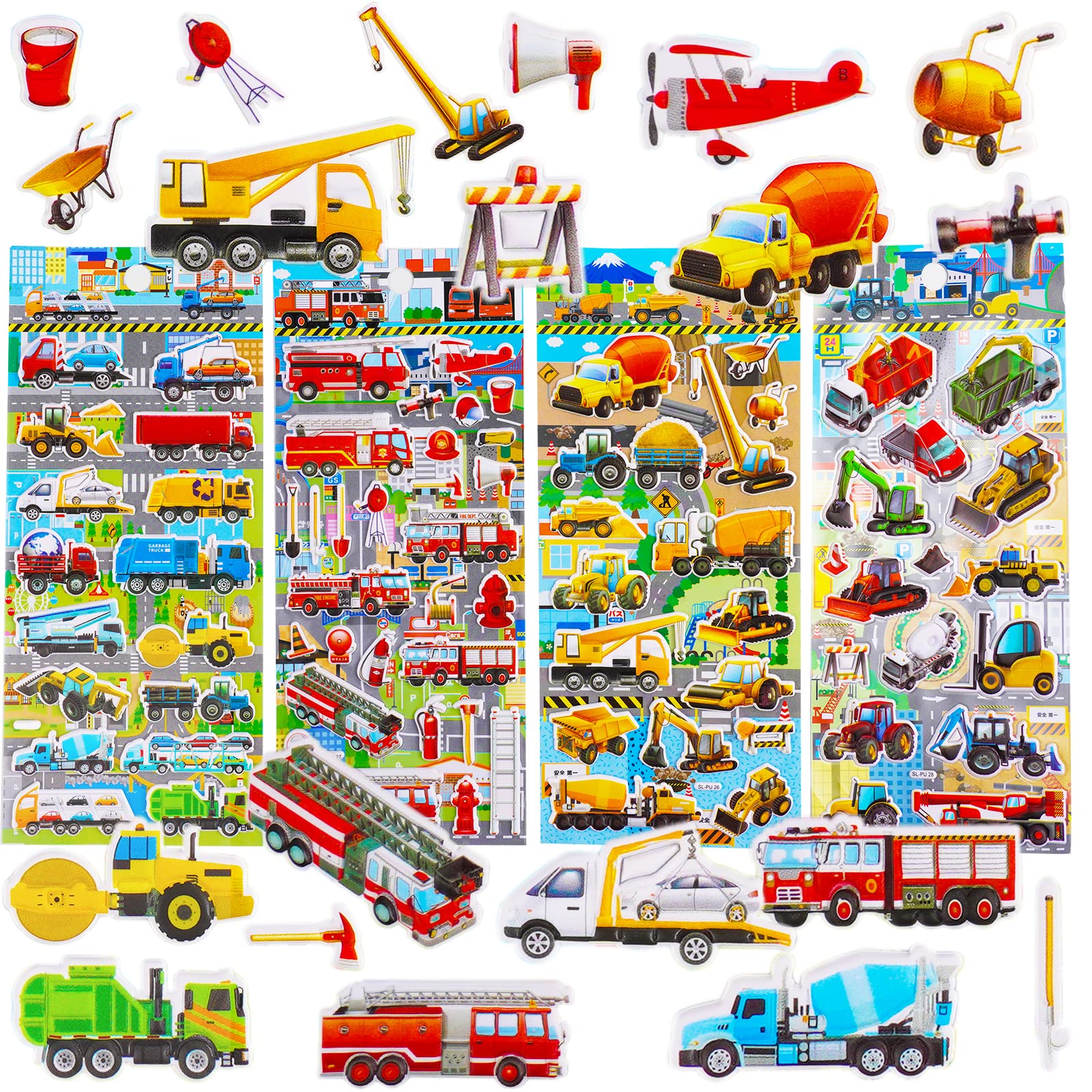 Puffy Truck Stickers for Toddlers Kids Boys - Foam Vehicles with Fire Truck Construction Truck Garbage Trash Truck Tractor Digger Bulldozer,Reusable 3D Puff Car Stickers,4 Sheets.