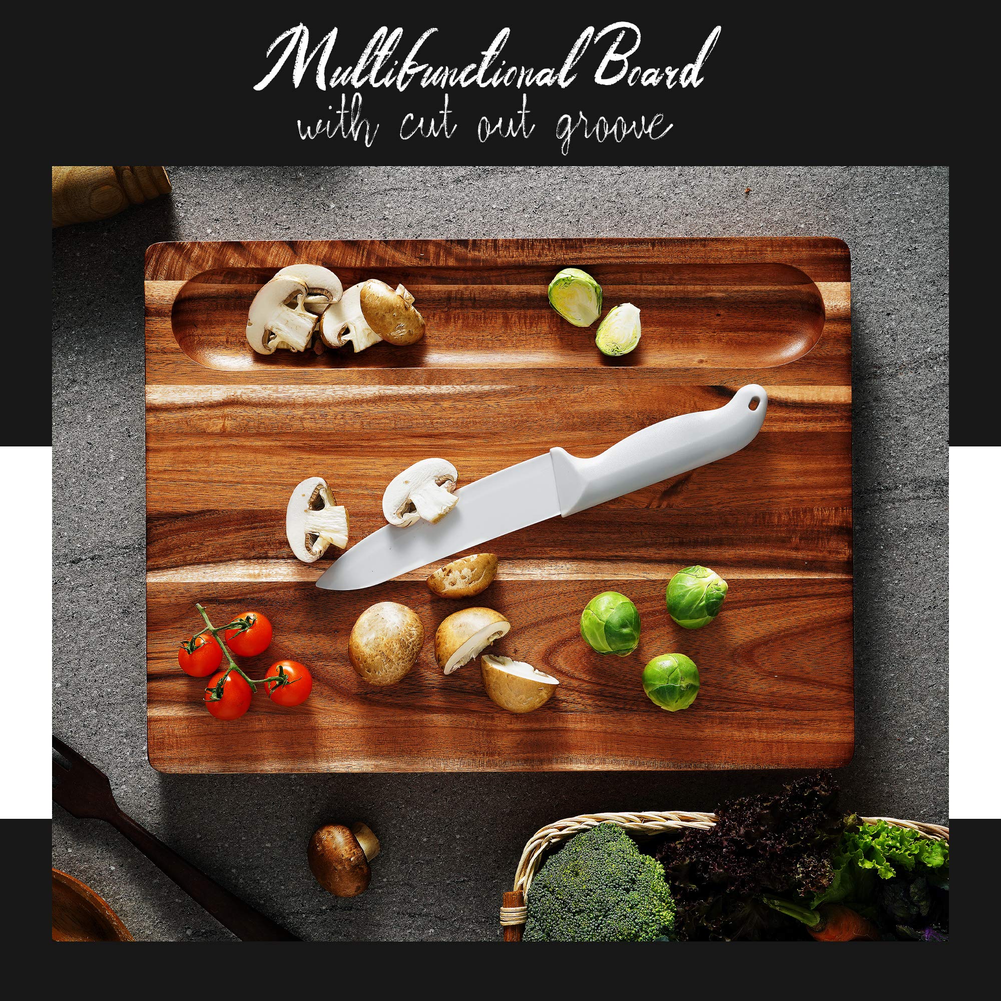 Acacia Wood Cutting Board (16x12x1.5in) and Wooden Butcher Block, Chopping Board - Reversible Multipurpose For Meat, Cheese Board, Vegetables, Bread...with Juice Groove, Cracker Holder & Inner Handles