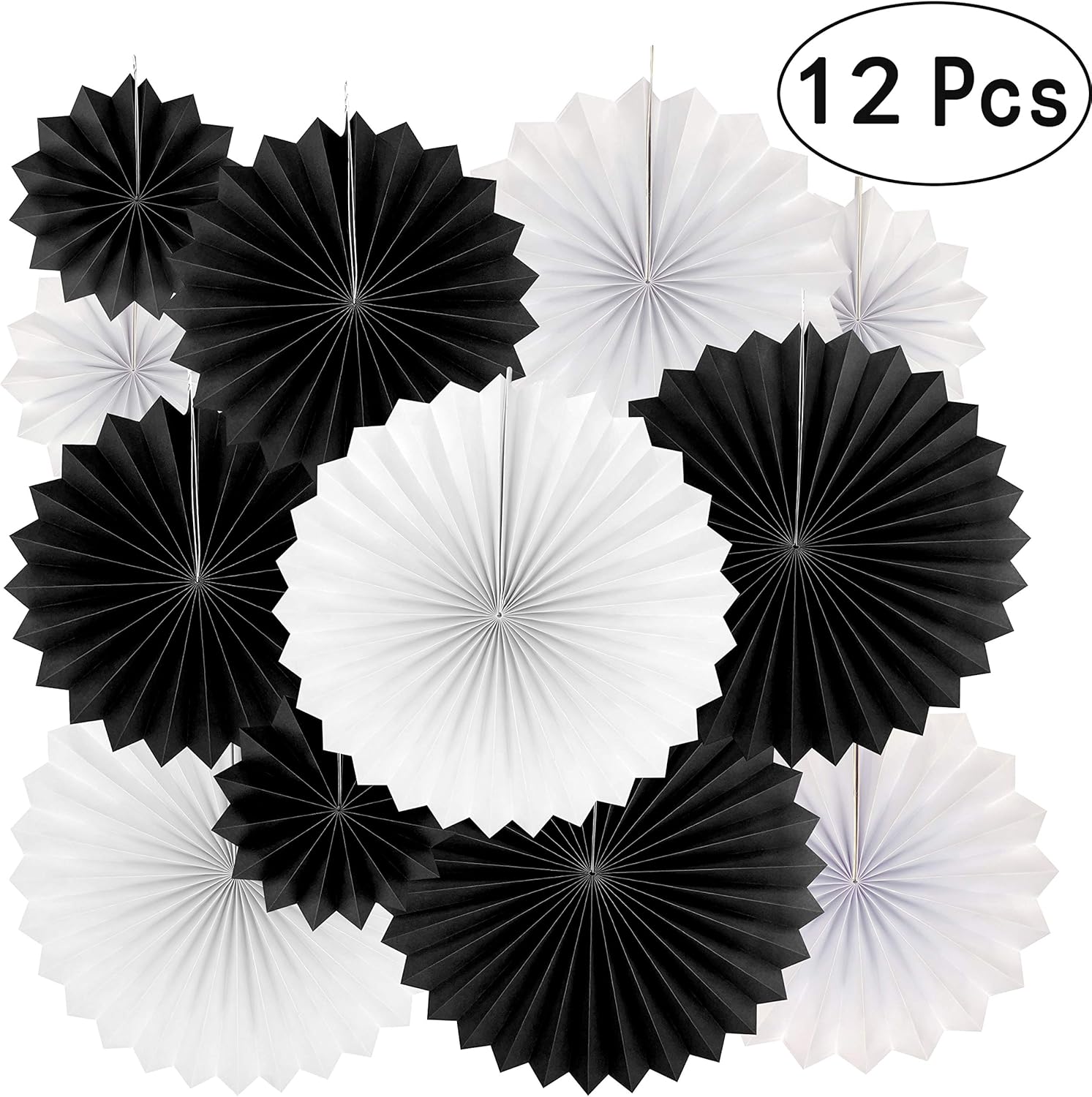 Black White Party Hanging Paper Fans Decorations - Wedding Retirement Graduation Birthday Party Engagement Bridal Shower Party Ceiling Hangings Photo Booth Backdrops Decorations, 12pc