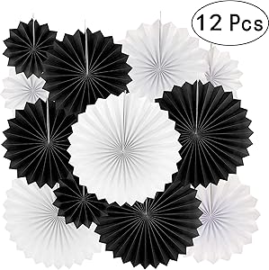 Black White Party Hanging Paper Fans Decorations - Wedding Retirement Graduation Birthday Party Engagement Bridal Shower Party Ceiling Hangings Photo Booth Backdrops Decorations, 12pc