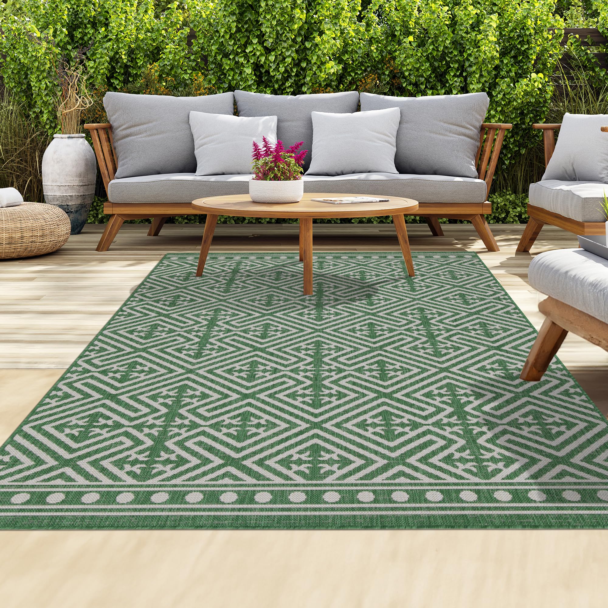homeart Outdoor Rugs | Easy-Cleaning Indoor & Outdoor Area Rugs for Porch, Deck, Balcony, Garden, Picnic, Kitchen, Hallway | UV & Weather-Resistant Large Patio Rug Mats | Green Cream, 120 x 170 cm