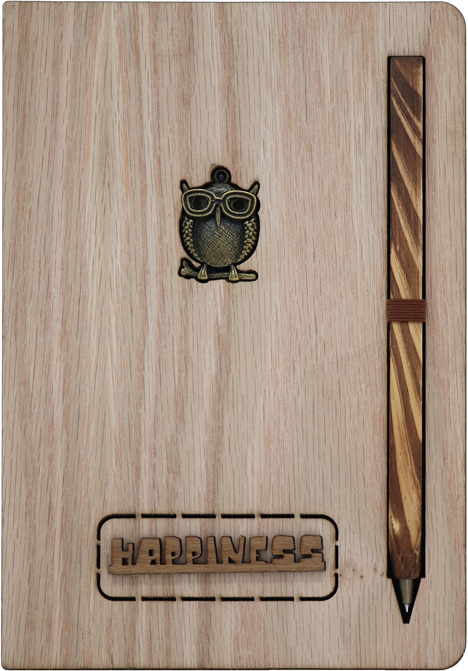 Wooden Notebook with Attached Pen - Natural Wood Series | Unique Wood-Covered Notebook & Pen Set with Bronze Crests | No Line, White/Brown Pages with Designs (Owl)