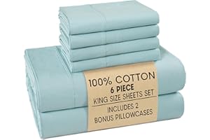 Casa Platino King Sheets Sets – 100% Cotton King Sheets Cooling with 4 Pillowcases, 15" Deep Pocket Fitted Sheet, Crisp & Smooth Feel, Ultra Soft & Cozy, Fit – Blue Sky