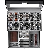 SONGMICS Watch Box, 12-Slot Watch Case Organizer with Large Glass Lid, 2 Layers, Removable Pillows, Metal Lock, Gift for Loved Ones, Black Synthetic Leather, Gray Lining UJWB012