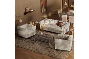 Morden Fort 3 Piece Classic Chesterfield Sofa Set, 2 Tufted Chairs & 3-Seater Sofa with Solid Wood Leg Thick Cushion, Pet-Friendly Couch Set Furniture for Living Room Bedroom Apartment, Linen Beige
