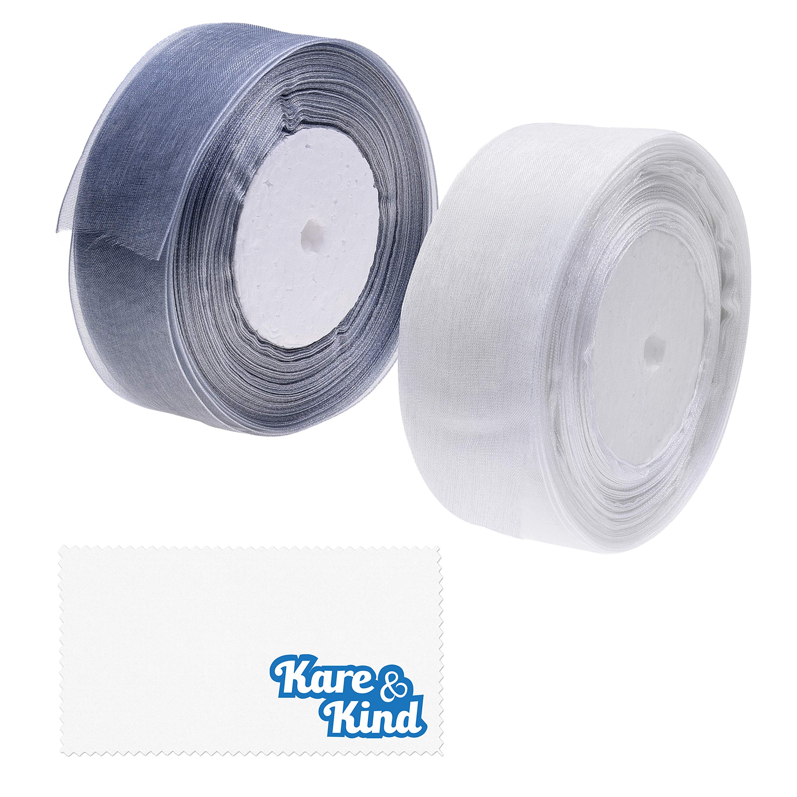 Kare & Kind Sheer Organza Ribbons - 2 Rolls (50 Yards/45 Meters) - Great for Decorations, DIY, Arts, Crafts - for Making Bows, Wreaths, Christmas Ornaments - 4 cm Wide - White and Grey