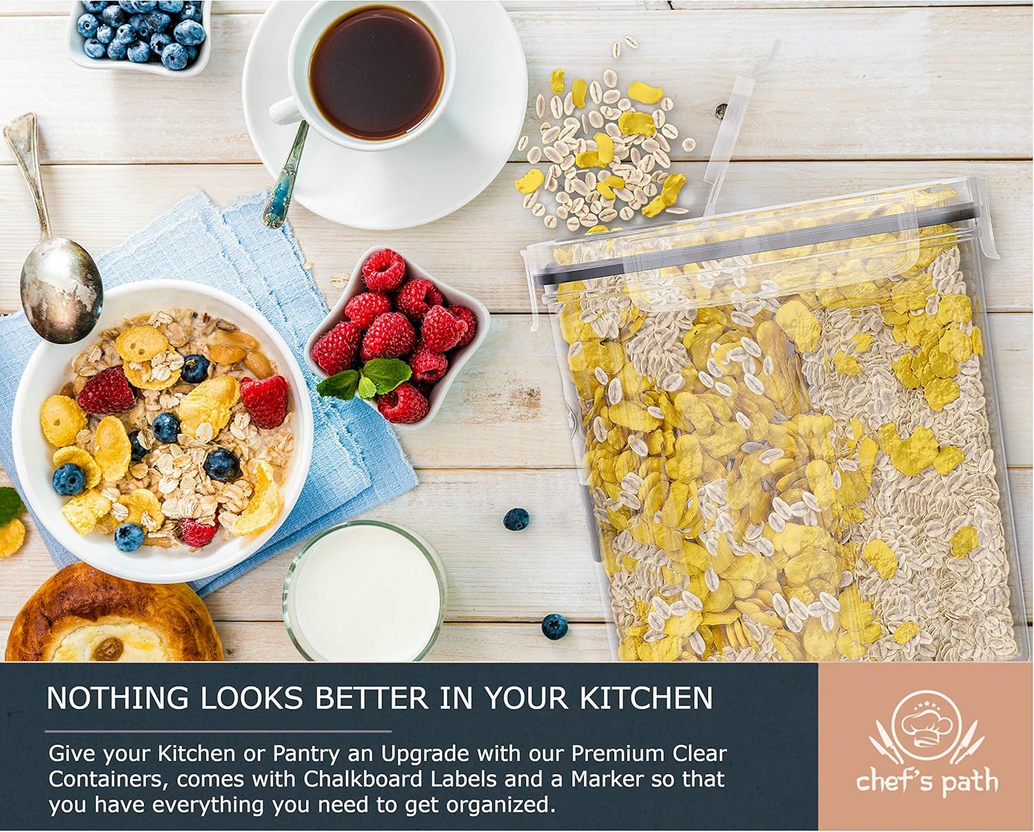 Cereal Container Storage Set - Airtight Food Storage Containers, Kitchen & Pantry Organization, 8 Labels, Spoon Set & Pen, Great for Flour - BPA-Free Dispenser Keepers (135.2oz) - Chef’s Path: Kitchen & Dining