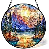 cvjutf Mountain Forest Sunrise Suncatcher Stained Glass Window Hanging Decor, Camping Nature Landscape Stained Glass Wall Decor, Mountain Garden Sun Catchers Indoor Window Hanging Wall Art, 7.9x7.9In