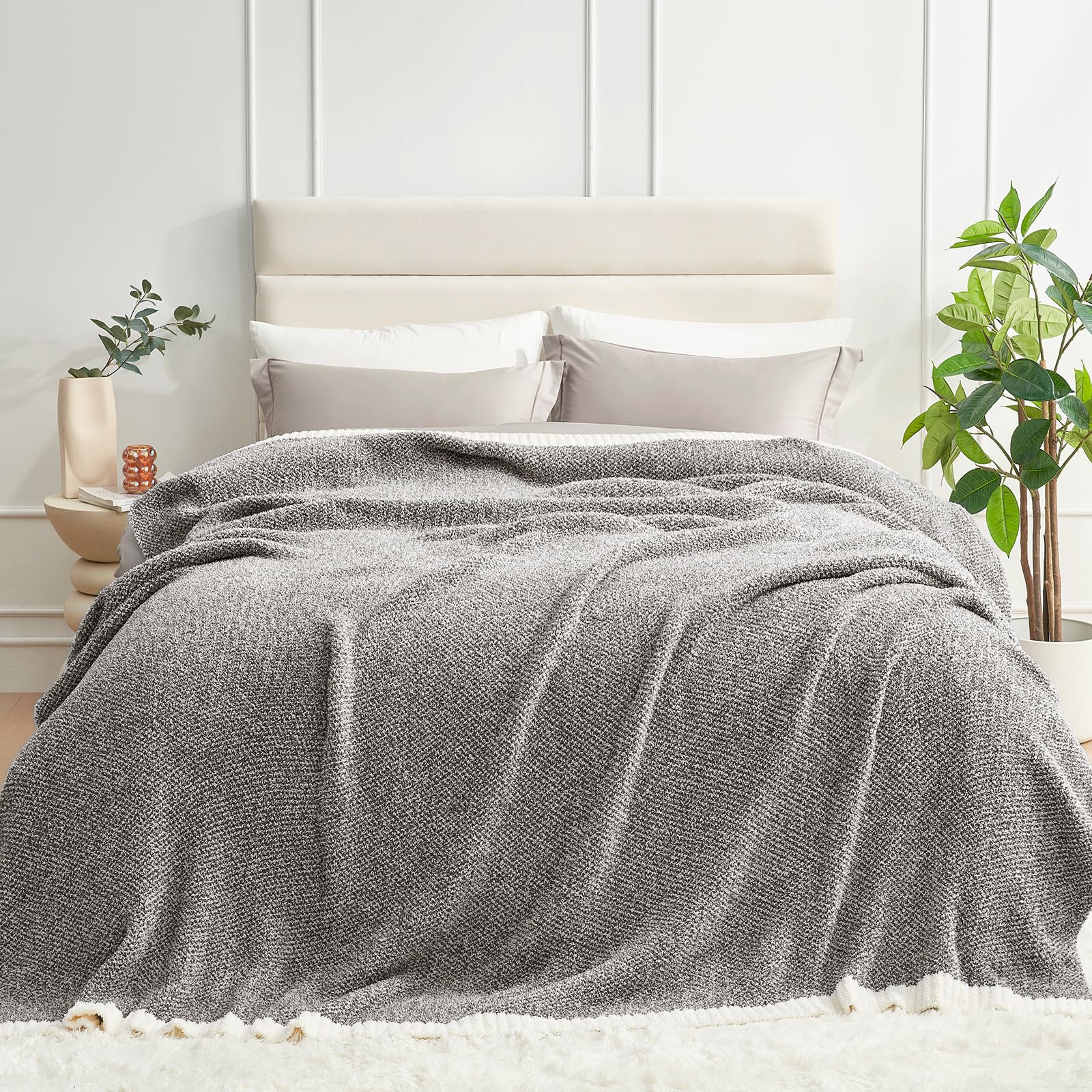Photo 1 of Snuggle Sac Queen Size Bedding Blankets, Super Soft Warm Oversized Blankets for Bed, Cozy Knit Fuzzy Plush Bed Blankets,Heather Dark Grey,90x90 inches