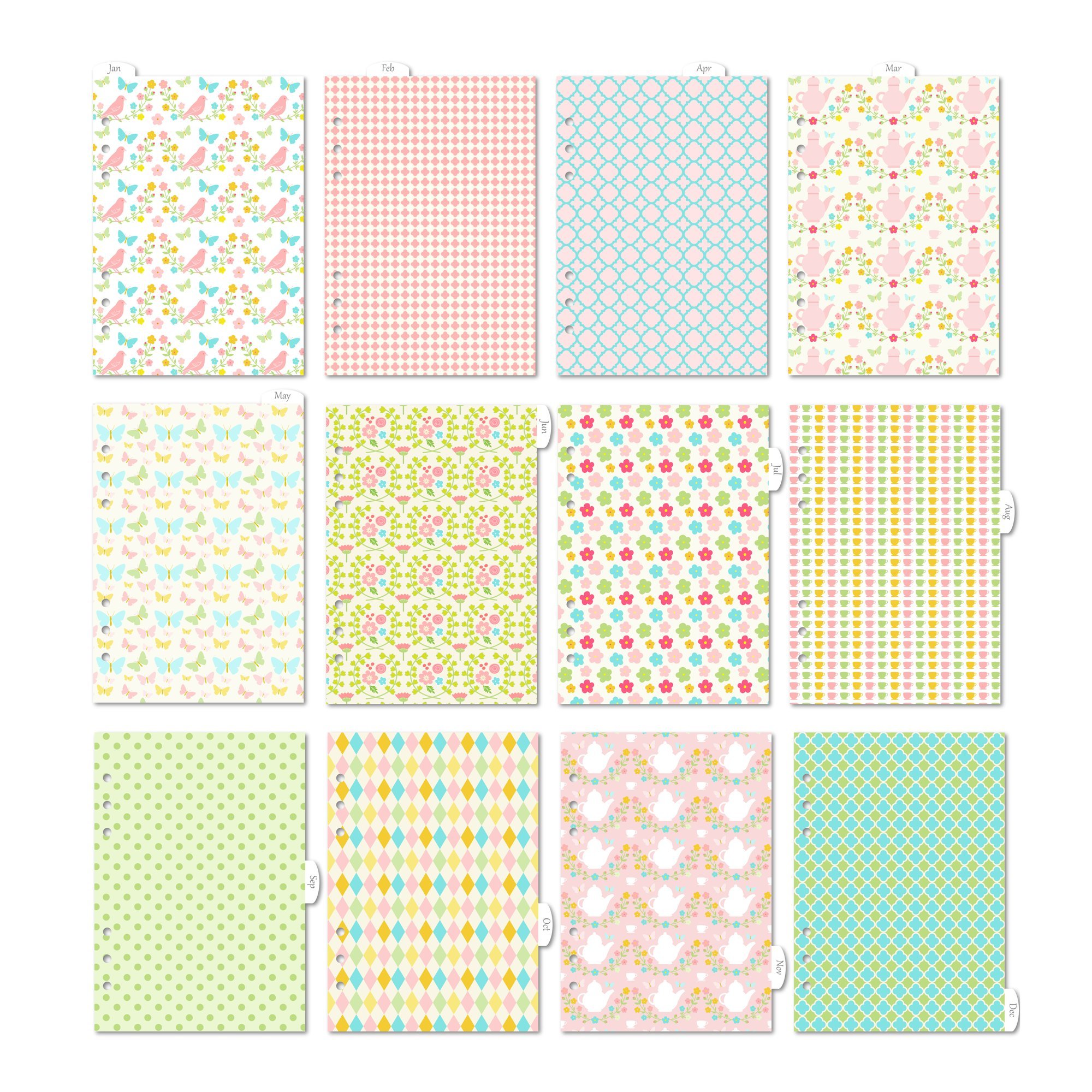 Discagenda 12 Month Polypropylene Planner/Organiser Dividers with Cute Garden Patterns (Customisable) Personal Ringbound